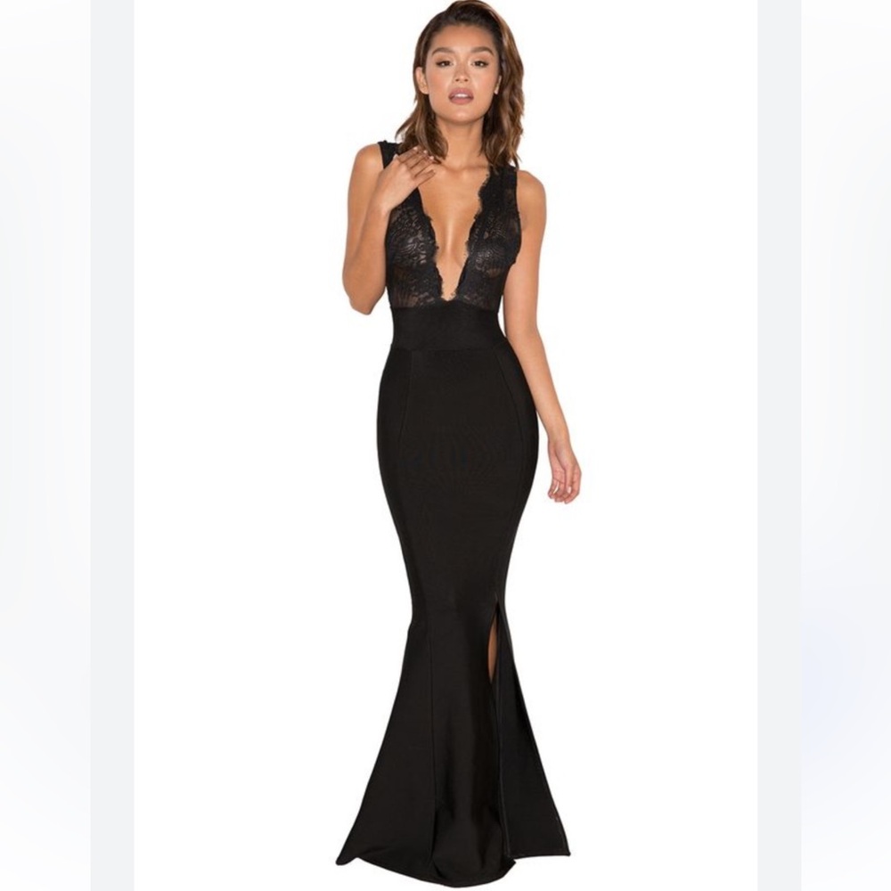 House of CB Black Lace Plunge Mermaid Gown